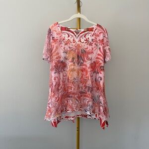 Roz & Ali Pink Orange Lace Sequin Floral Tunic Blouse Short Sleeve Fairy Top